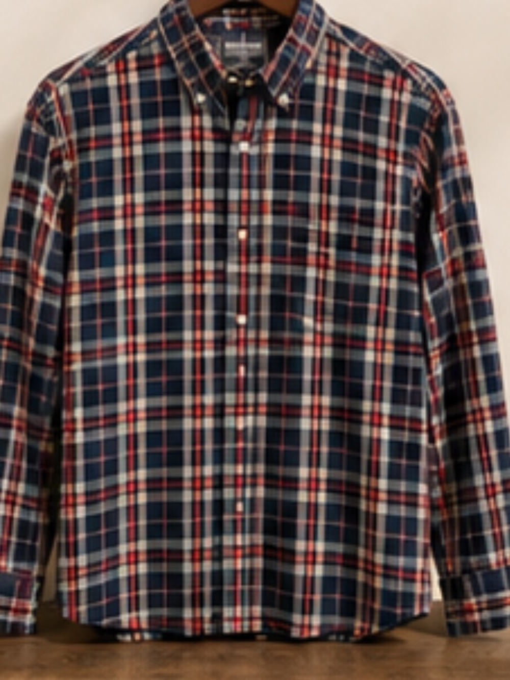 Sun + Stone Men's Plaid Button-Down Shirt in Navy, Burgundy & White